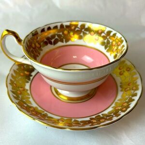 Antique Grosvenor Tea Cup and Saucer Set heavy gold vine with peaches